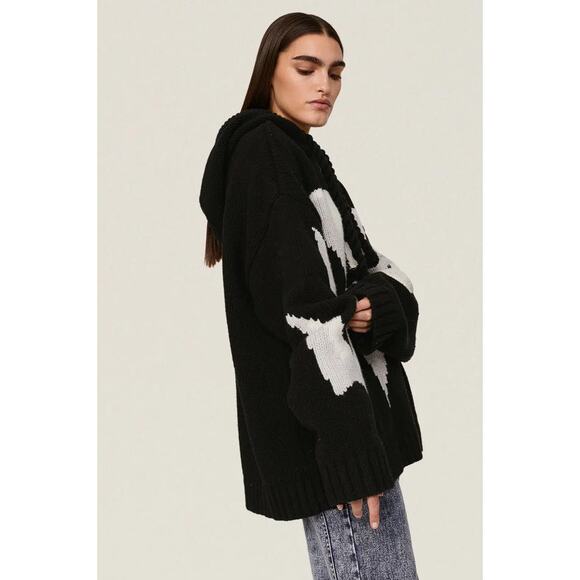 JW ANDERSON Women's Gothic Logo Chunky Knit Hoody Size XS In Black/Off White - Picture 2 of 11